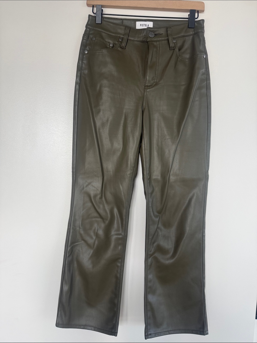 Pistola Olive Green Vegan Leather Straight Pants
